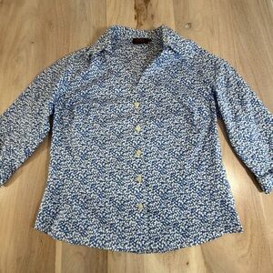 Pure Collection Blue White Floral Button Up Blouse Women’s Size 16 3/4 Sleeve